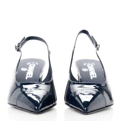 Chanel Patent Calfskin Cap Toe CC Slingback Pumps 35 Navy Blue 2 of 9