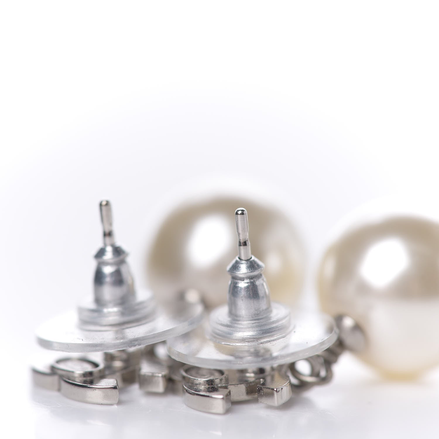 Chanel Crystal Pearl CC Drop Earrings Silver 2 of 3