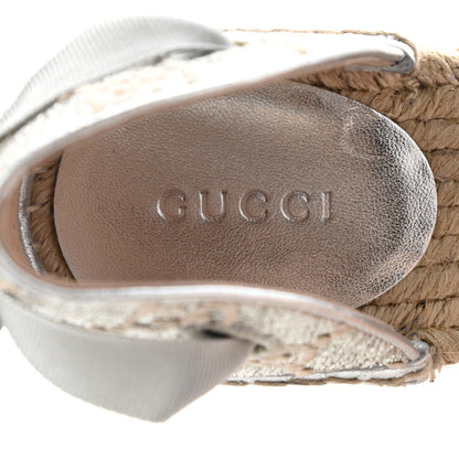 Gucci Lame GG Monogram Ankle Wrap Platform Espadrille Wedges 39.5 Silver Beige Light Grey 8 of 11
