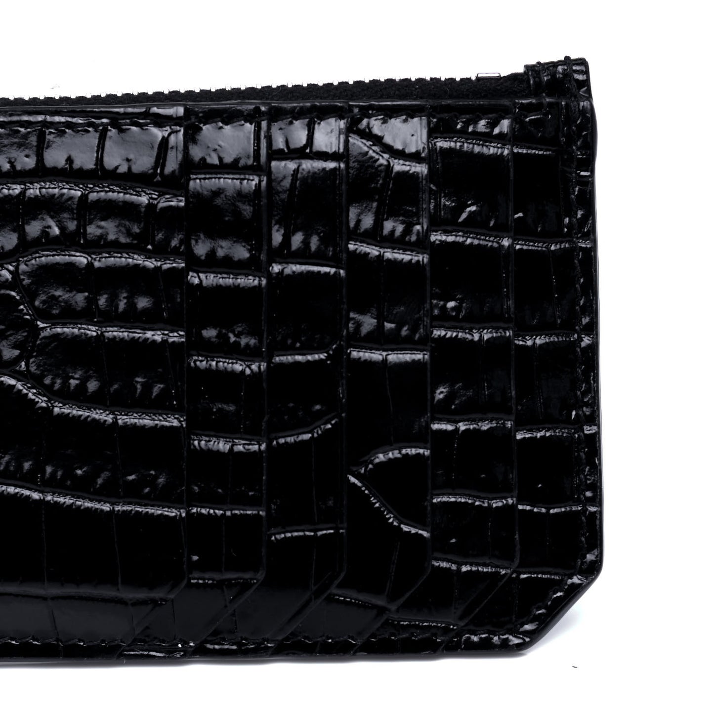 Calfskin Crocodile Embossed 5 Fragments Zip Pouch Card Holder Black