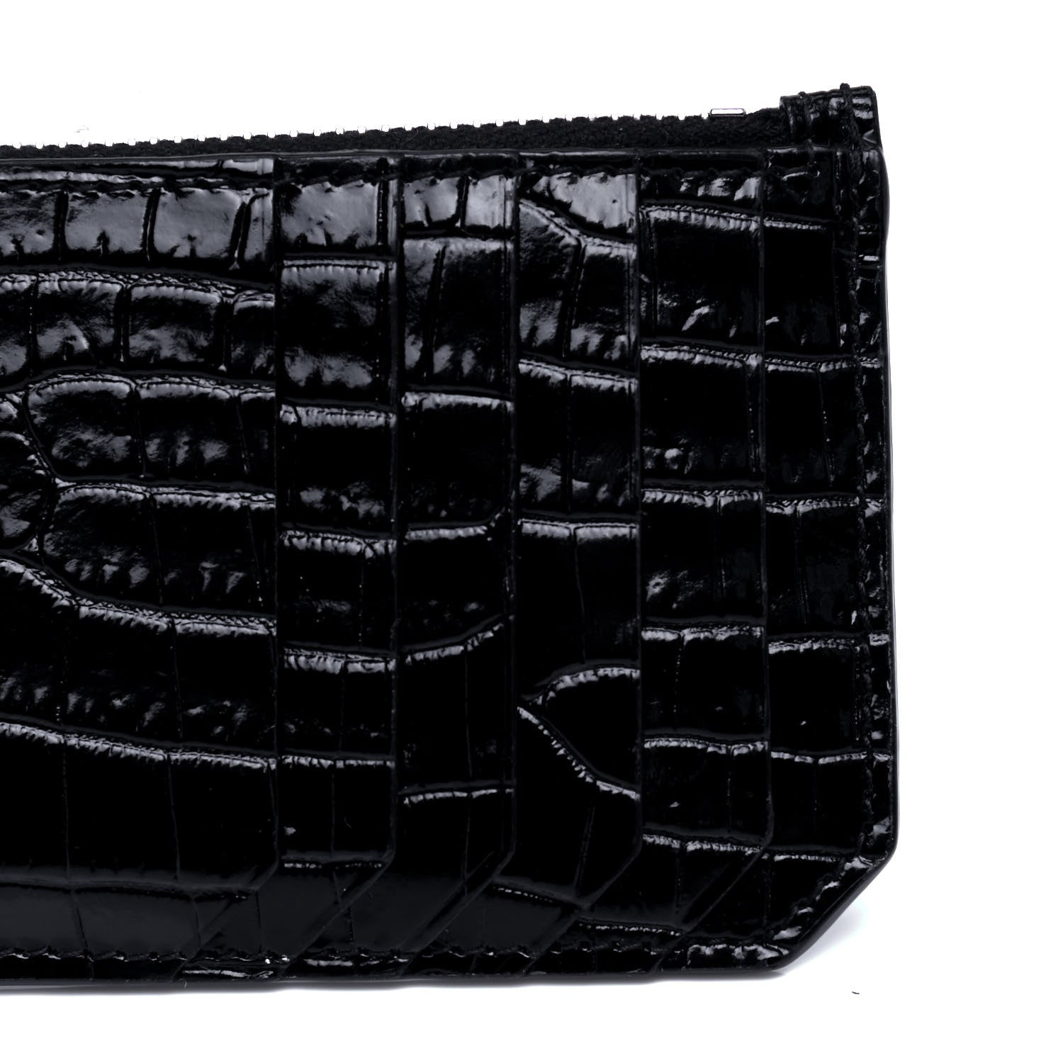 Saint Laurent Calfskin Crocodile Embossed 5 Fragments Zip Pouch Card Holder Black 6 of 6
