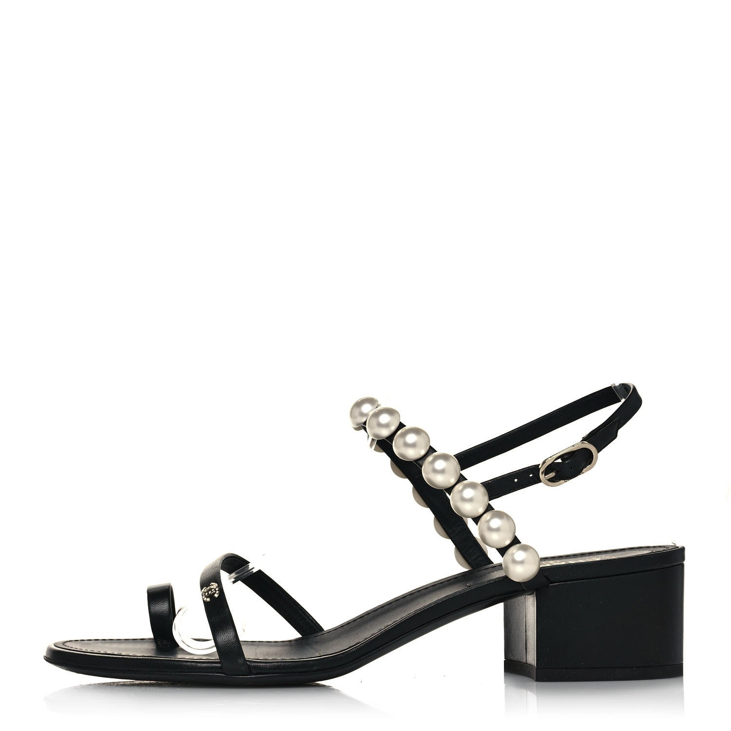 Chanel Lambskin Pearl Toe Ring Slingback Sandals 41 Black 1 of 7