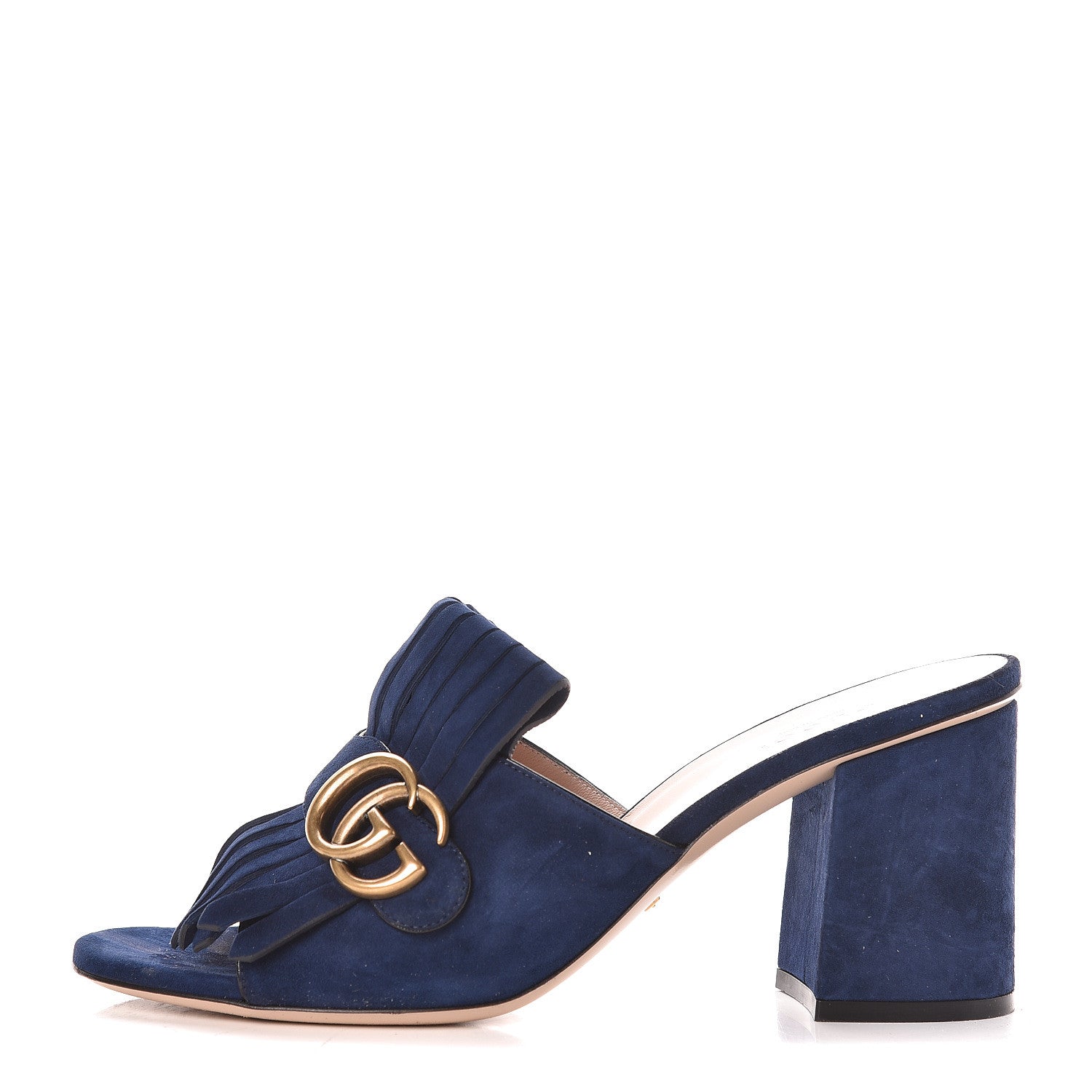 Gucci Kid Scamosciato GG Marmont Fringe 75mm Slide Sandals 39 Blue Ink 1 of 12