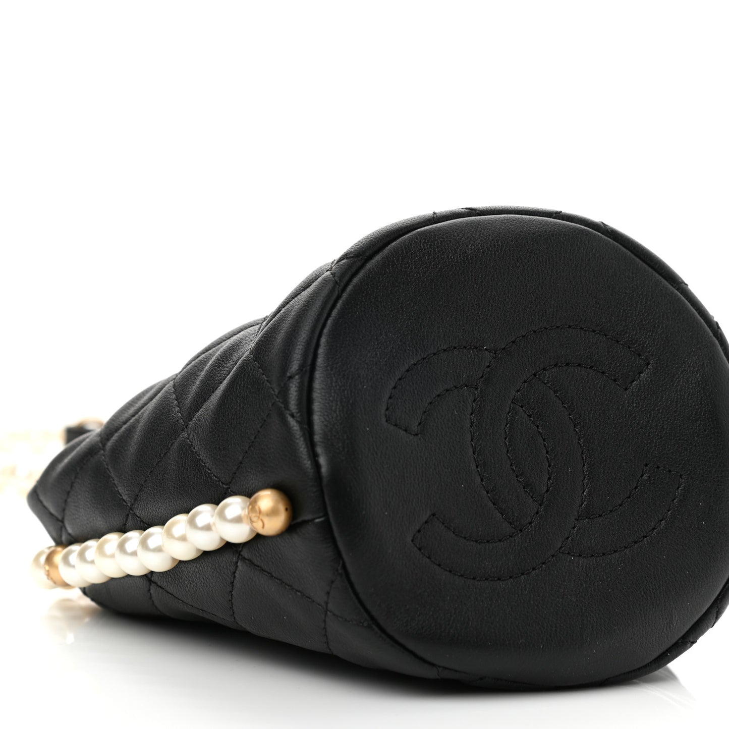 Calfskin Quilted Pearl Mini About Pearls Drawstring Bucket Bag Black