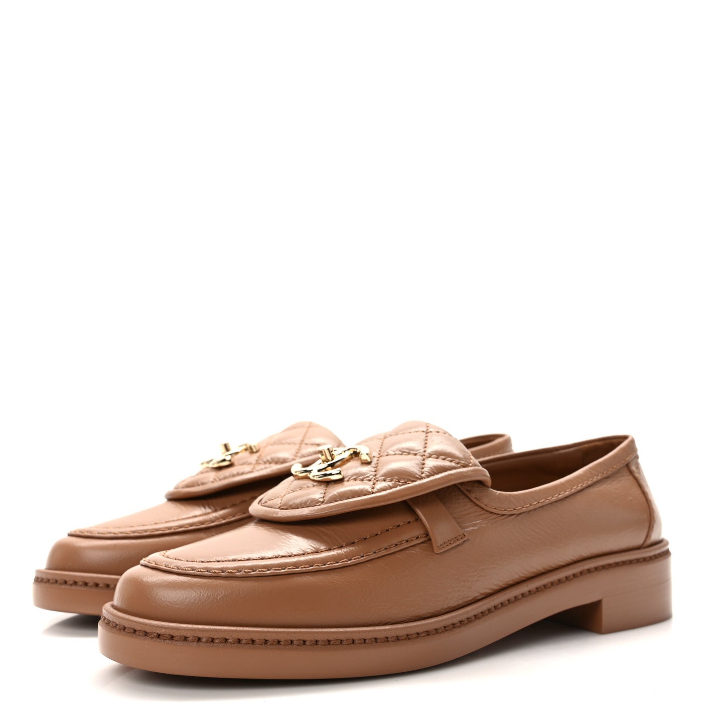 Shiny Crumpled Lambskin Quilted CC Turnlock Moccasins 38.5 Dark Beige