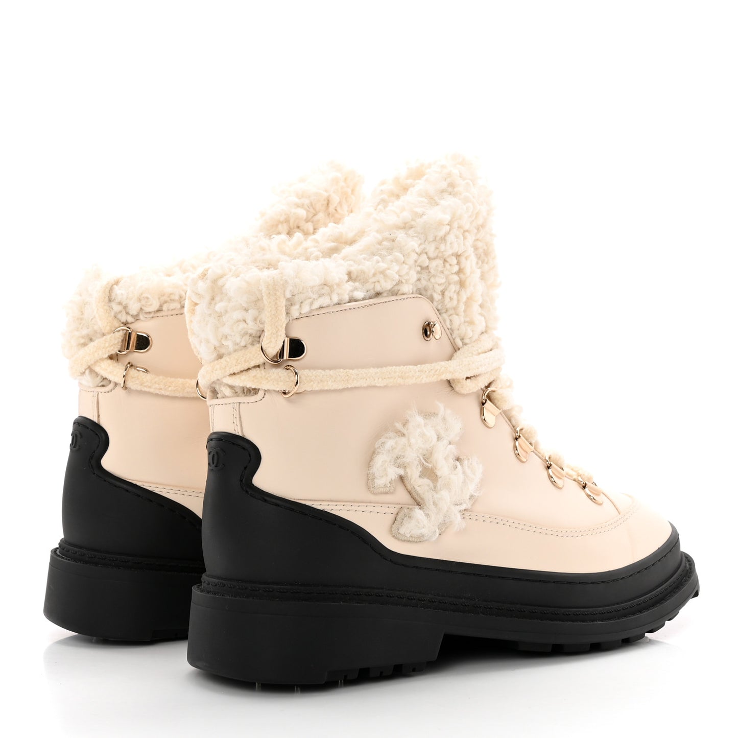 Calfskin Shearling CC Lace Up Boots 36 Light Beige Ivory
