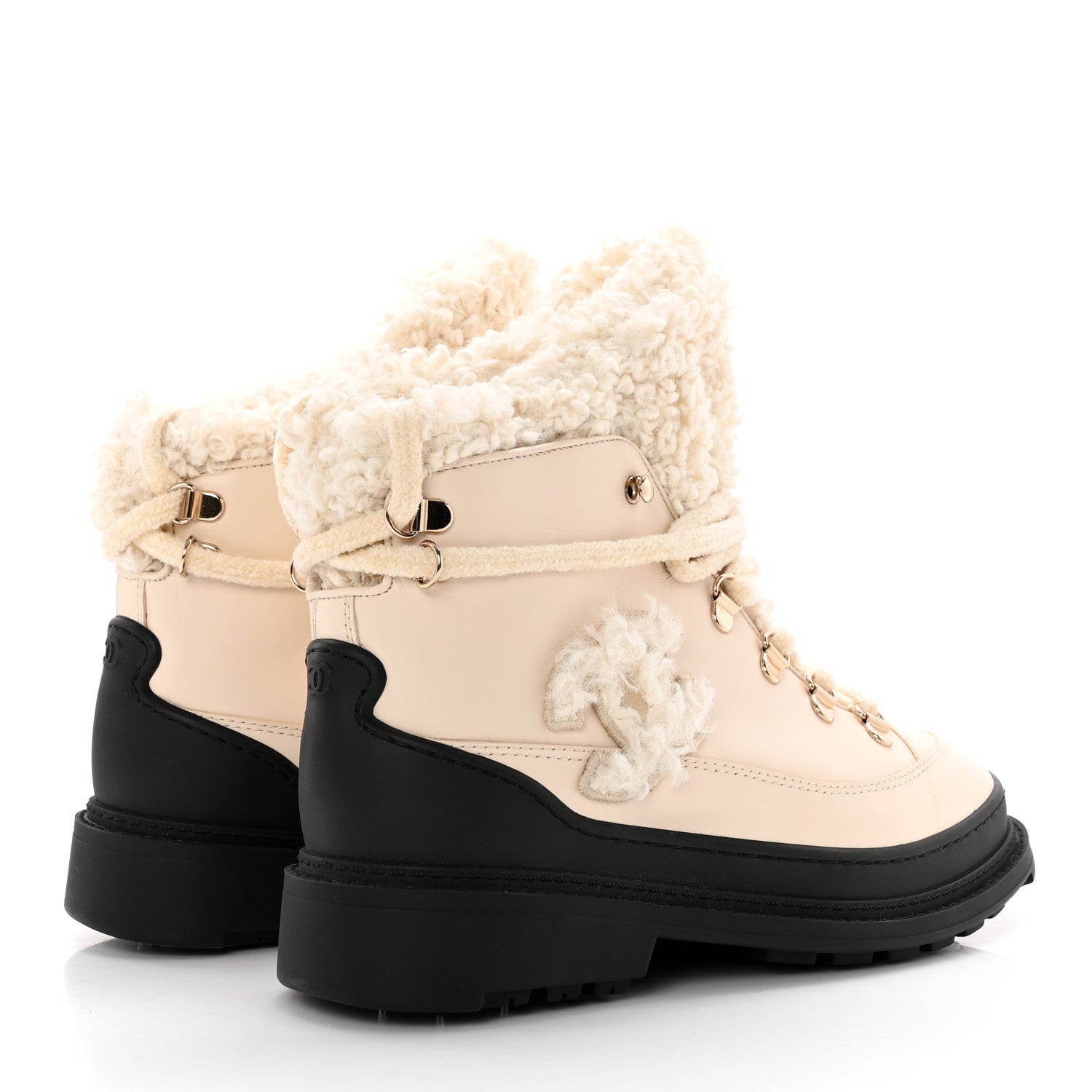 Chanel Calfskin Shearling CC Lace Up Boots 36 Light Beige Ivory 4 of 16