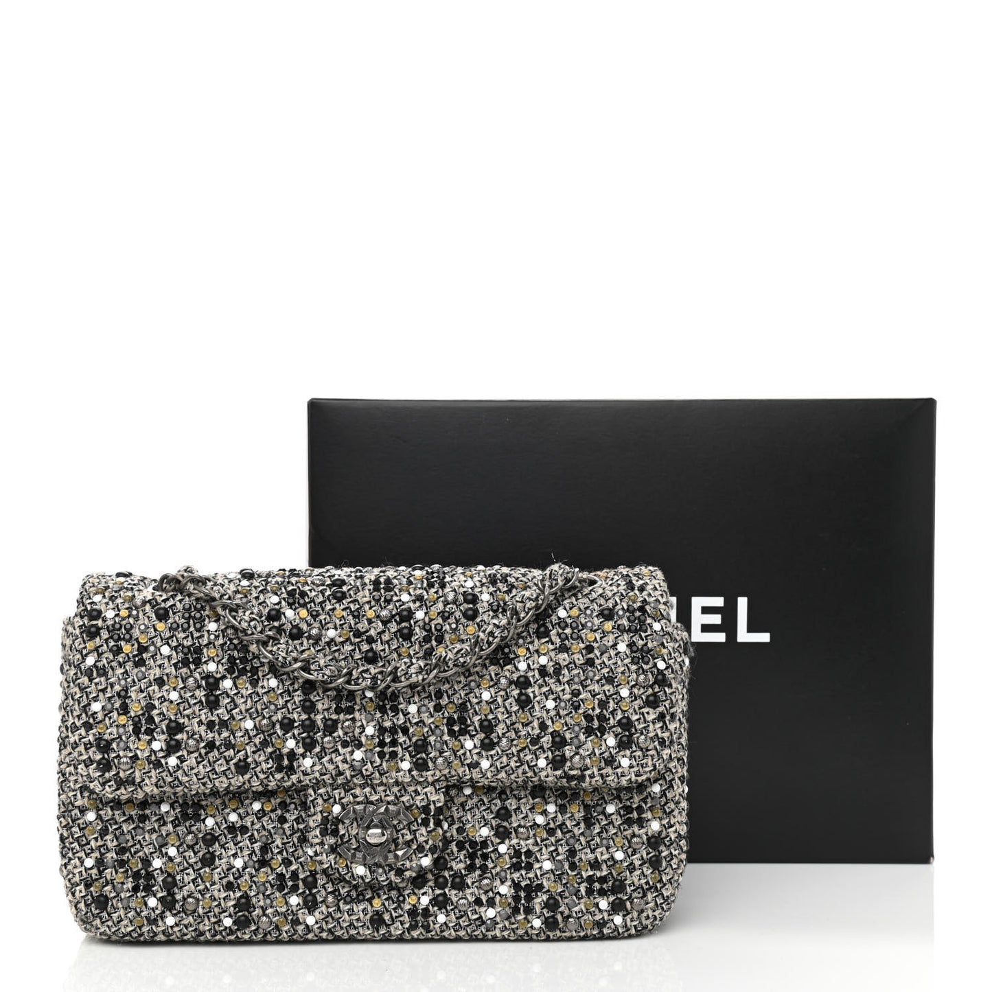 Crystal Tweed Quilted Medium Single Flap Black