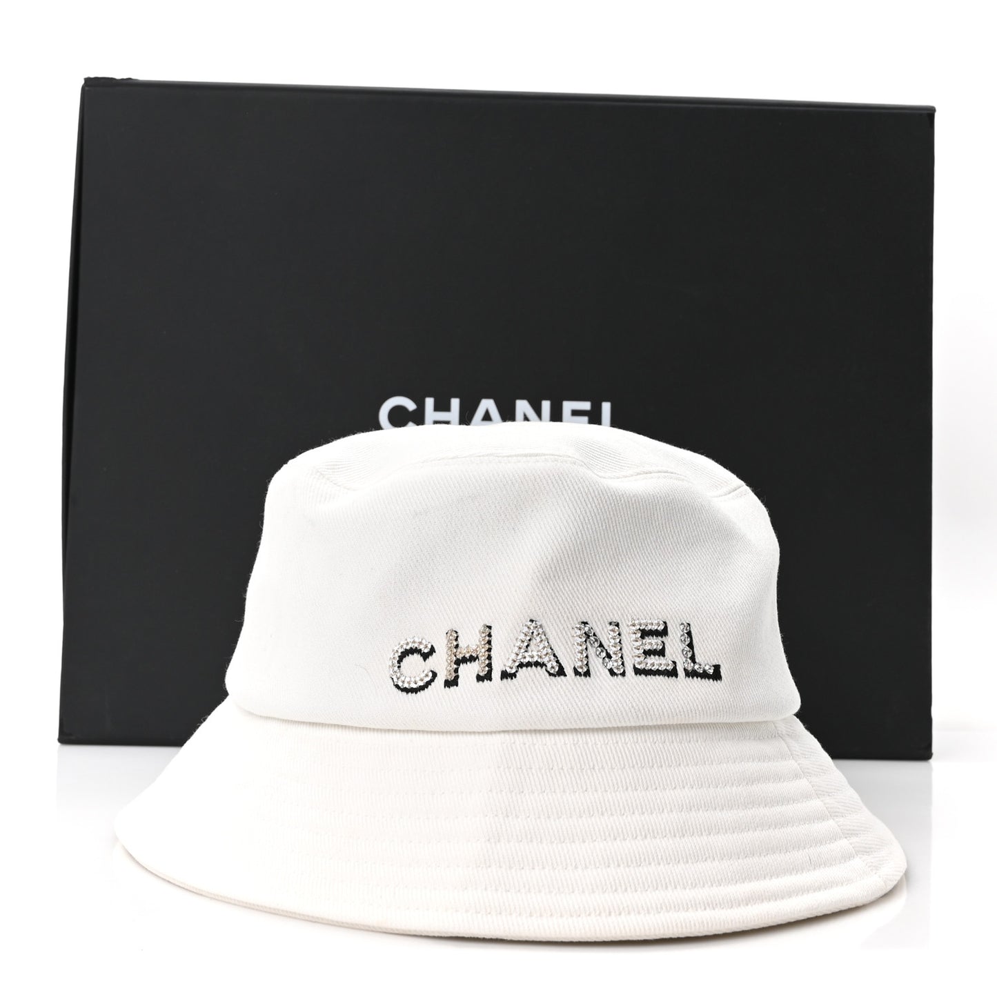 Denim Sequin Cloche Logo Bucket Hat M White