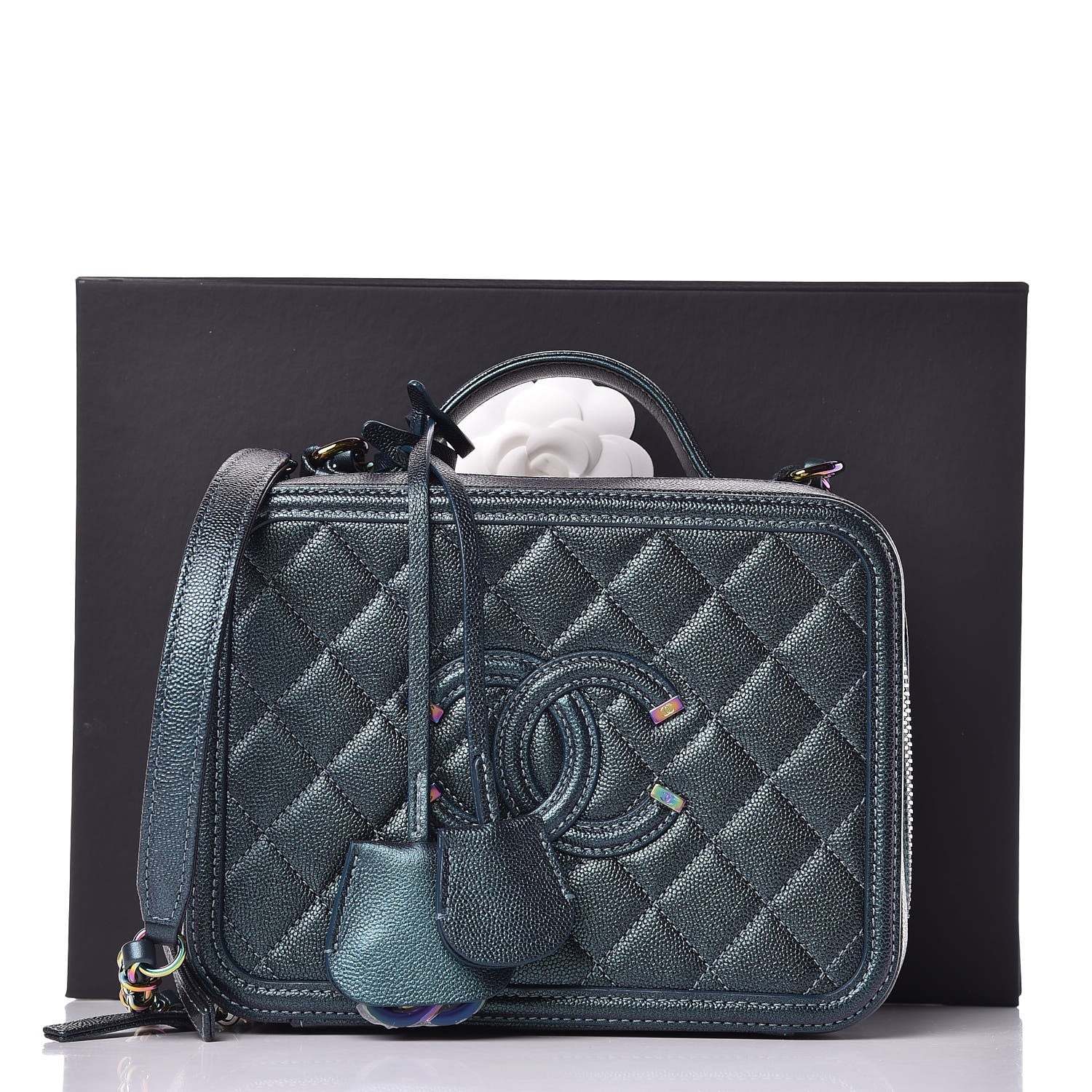Chanel Iridescent Caviar Quilted Medium CC Filigree Vanity Case Dark Turquoise 8 of 8