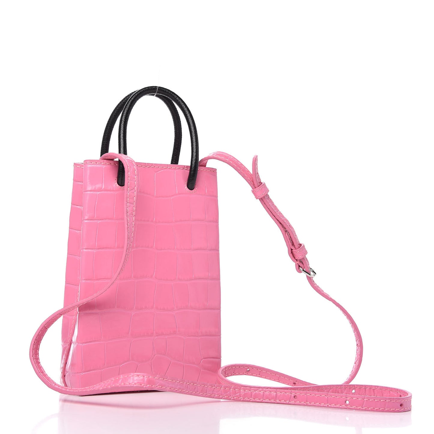 Shiny Calfskin Crocodile Embossed Logo Shopping Phone Holder Bag Rose Black