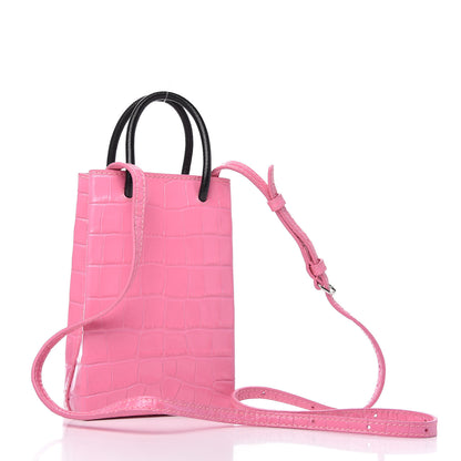 Balenciaga Shiny Calfskin Crocodile Embossed Logo Shopping Phone Holder Bag Rose Black 3 of 9