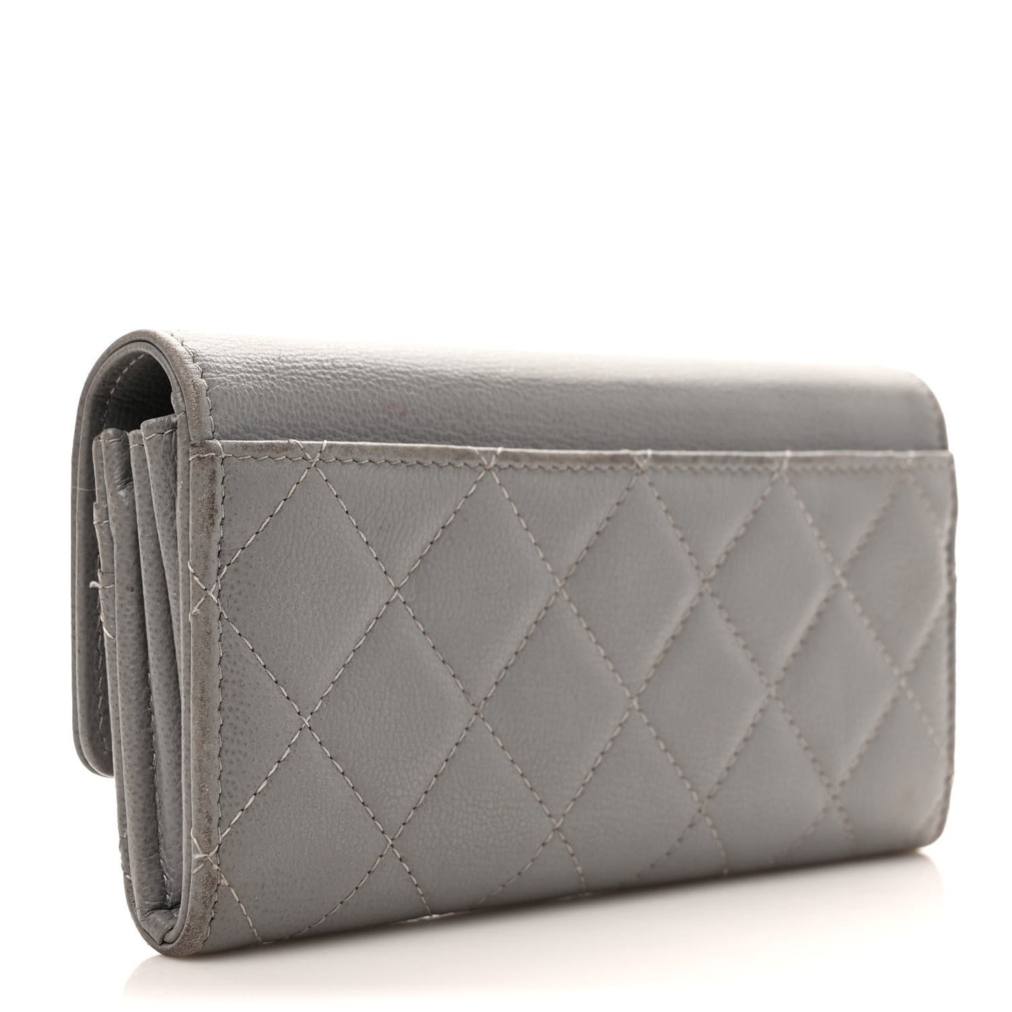 Grained Calfskin Quilted CC Box Flap Wallet Grey