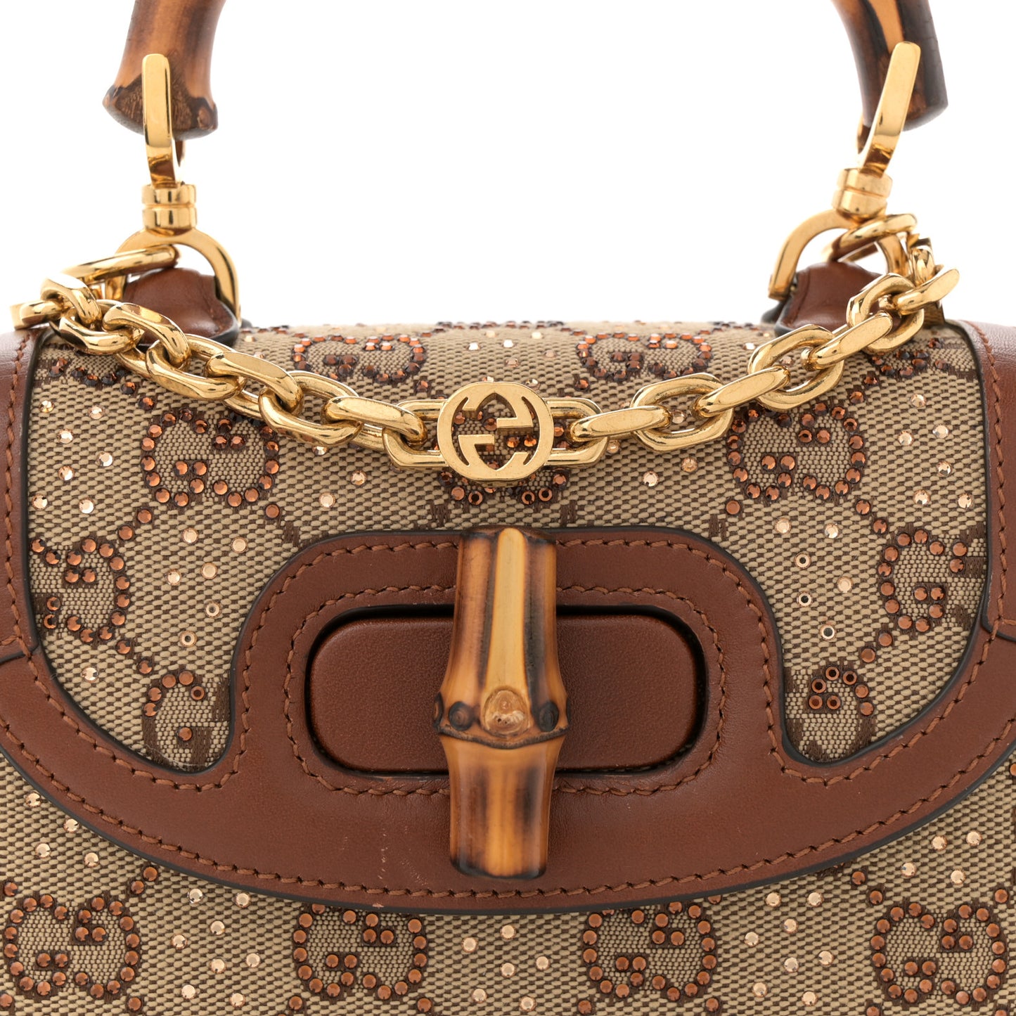 New Canvas Charisma Calfskin Crystal GG Monogram Small Bamboo 1947 Top Handle Bag Camel Ebony