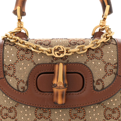 Gucci New Canvas Charisma Calfskin Crystal GG Monogram Small Bamboo 1947 Top Handle Bag Camel Ebony 8 of 10