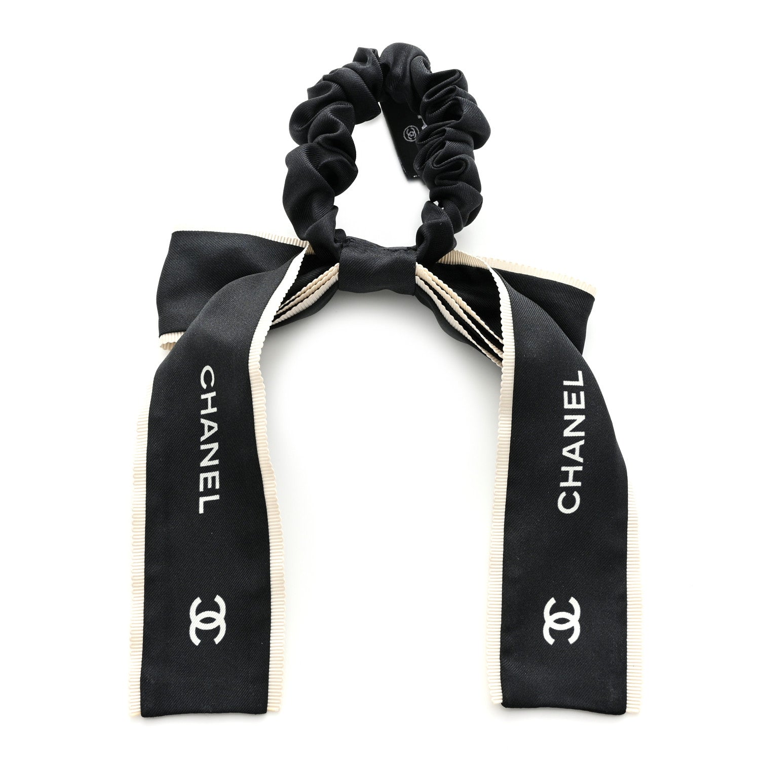 Chanel Silk CC Hair Tie Black Ecru 2 of 7
