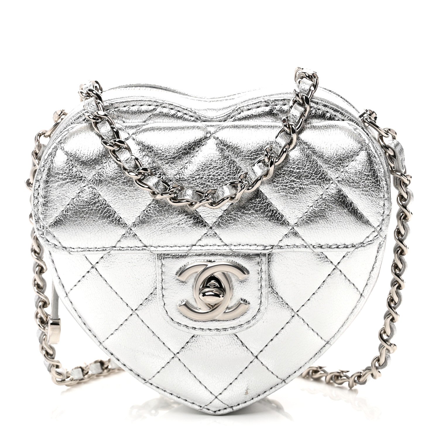 Chanel Metallic Lambskin Quilted CC In Love Heart Clutch With Chain Silver 1 of 10