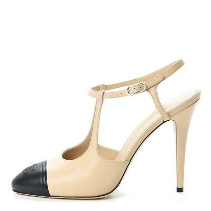 Chanel Lambskin Cap Toe CC Slingback Pumps 41.5 Beige Black 1 of 11