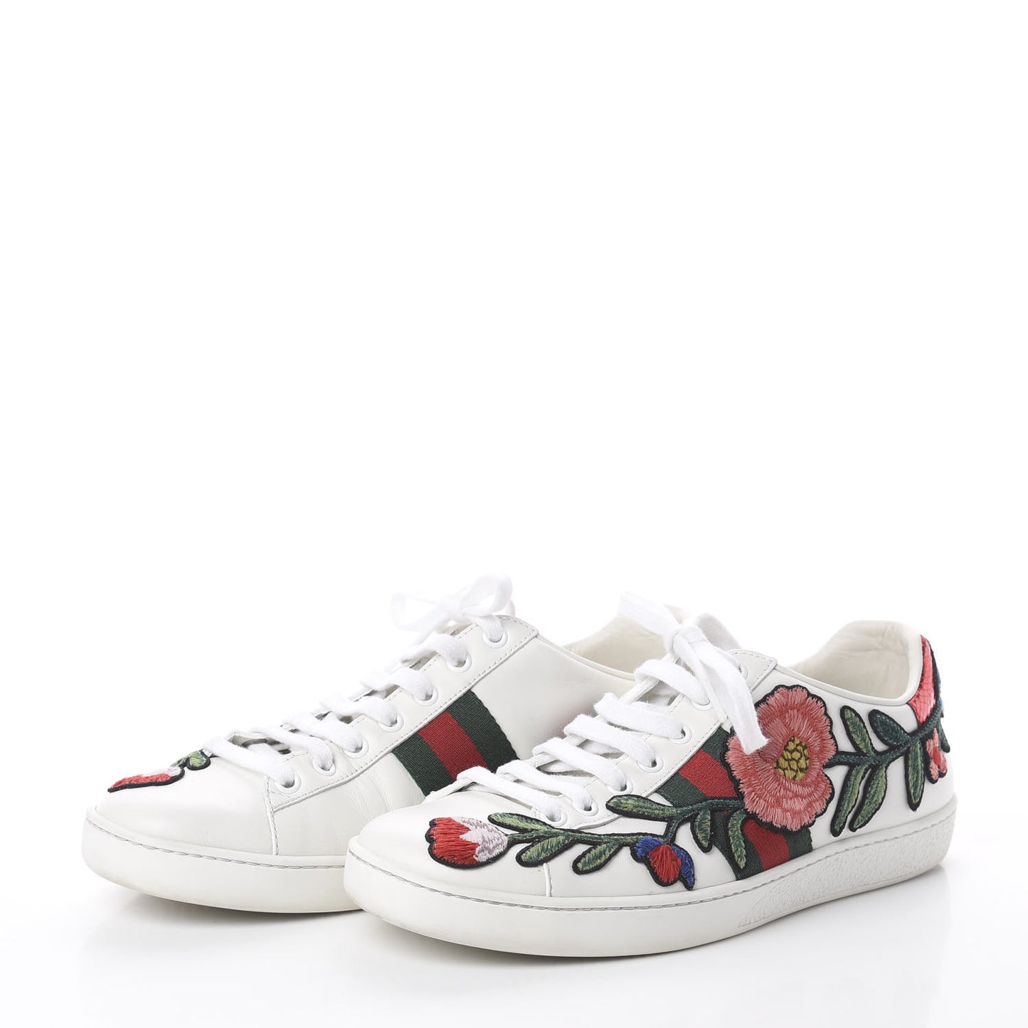 Calfskin Web Floral Embroidered Womens Ace Sneakers 38.5 White