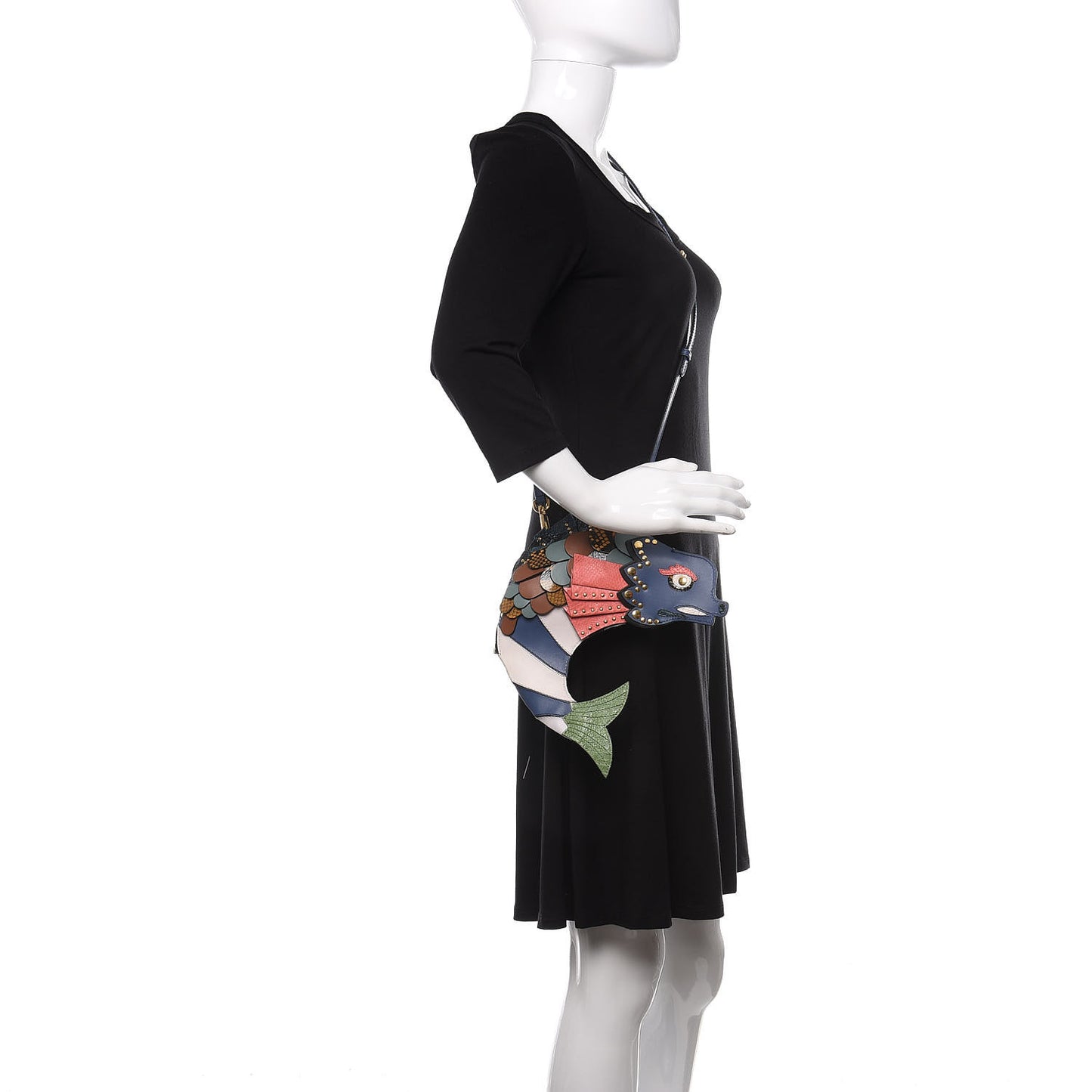 Calfskin Embossed Snakeskin Fish Shoulder Bag Dark Cobalt