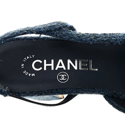 Chanel Tweed Grosgrain Cap Toe CC Slingback Pumps 38 Blue Black 6 of 8