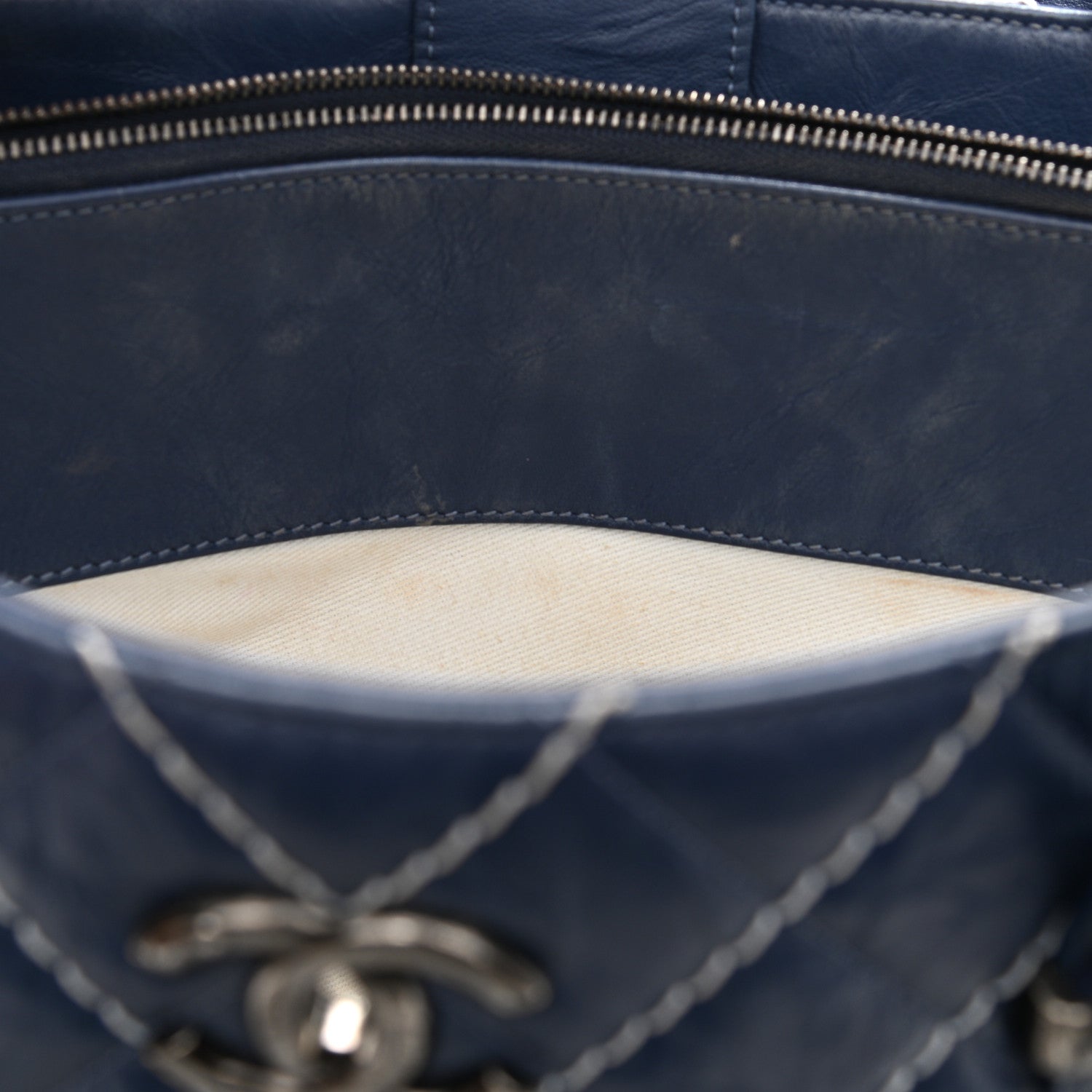 Chanel Calfskin Chevron Stitched Shopping Tote Navy 16 of 17