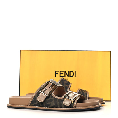 Fendi Fabric Jacquard Nappa FF Womens Fendi Feel Buckled Slide Sandals 40 Tobacco Black Miele Scuro 10 of 10