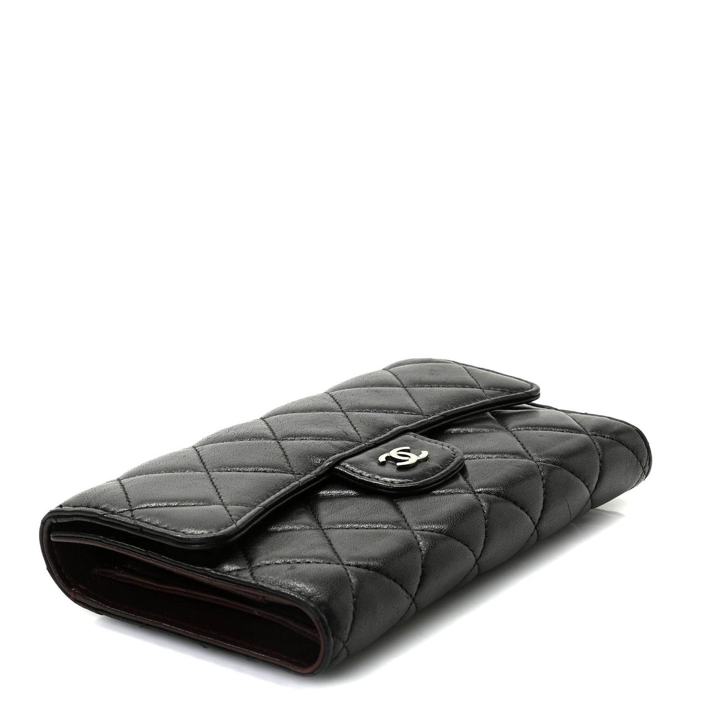 Lambskin Quilted Large Gusset Flap Wallet Black