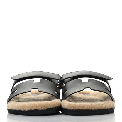 Hermes Veau Indios Woolskin Mens Chypre Sandals 42 Black Ecru 2 of 8