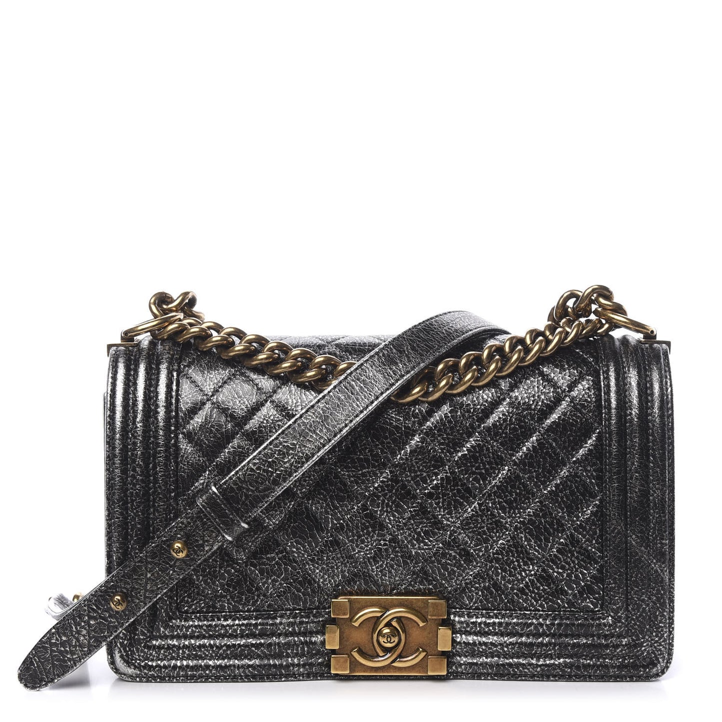 Cracked Metallic Calfskin Quilted Medium Boy Flap Dark Silver