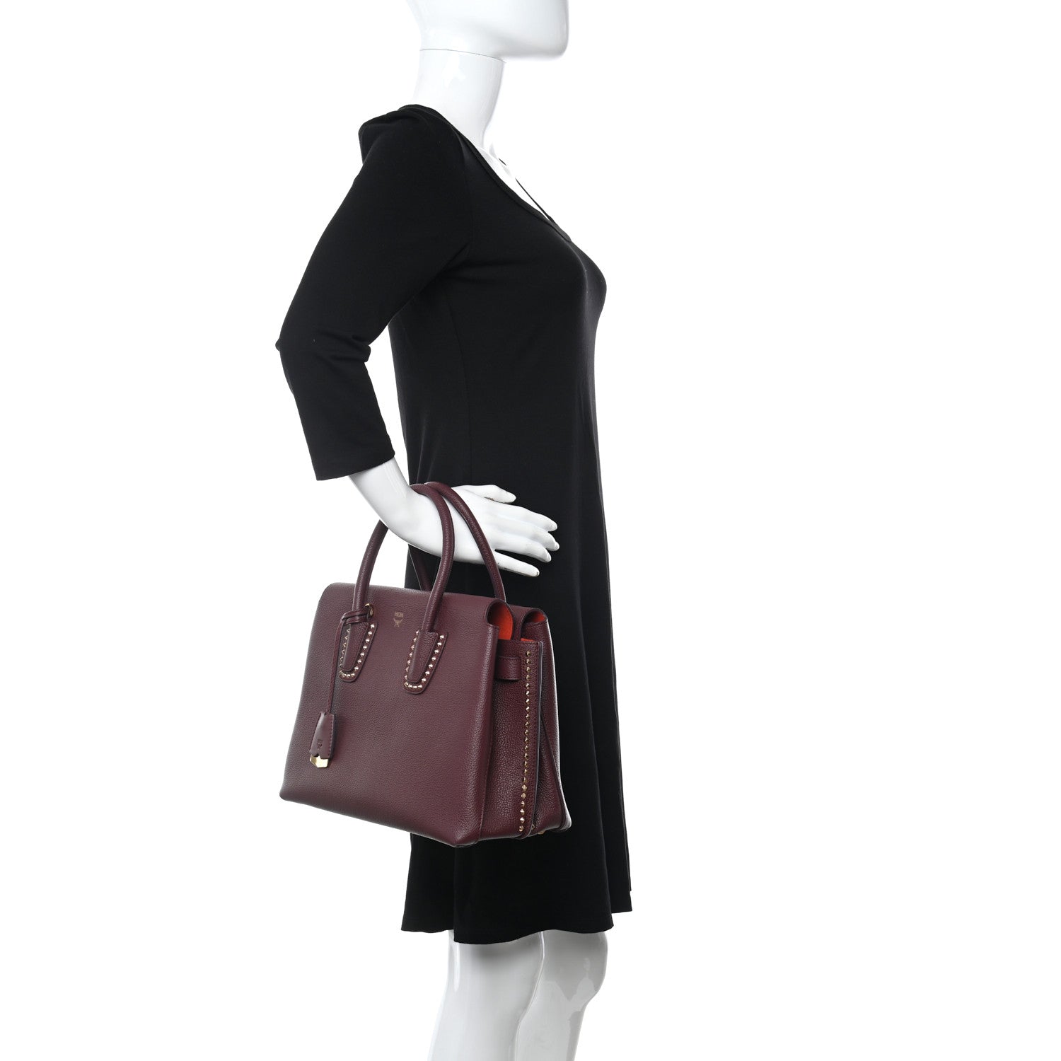 MCM Grained Calfskin Studded Medium Milla Tote Rustic Brown 2 of 13