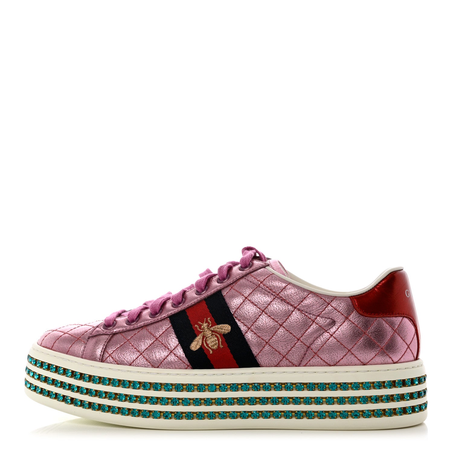 Gucci Laminated Nappa Crystal Web Bee Embroidered Trapuntata Womens Ace Platform Sneakers 39 Rosa 1 of 9