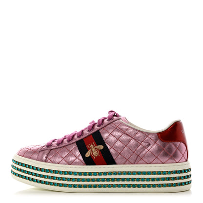 Gucci Laminated Nappa Crystal Web Bee Embroidered Trapuntata Womens Ace Platform Sneakers 39 Rosa 1 of 9