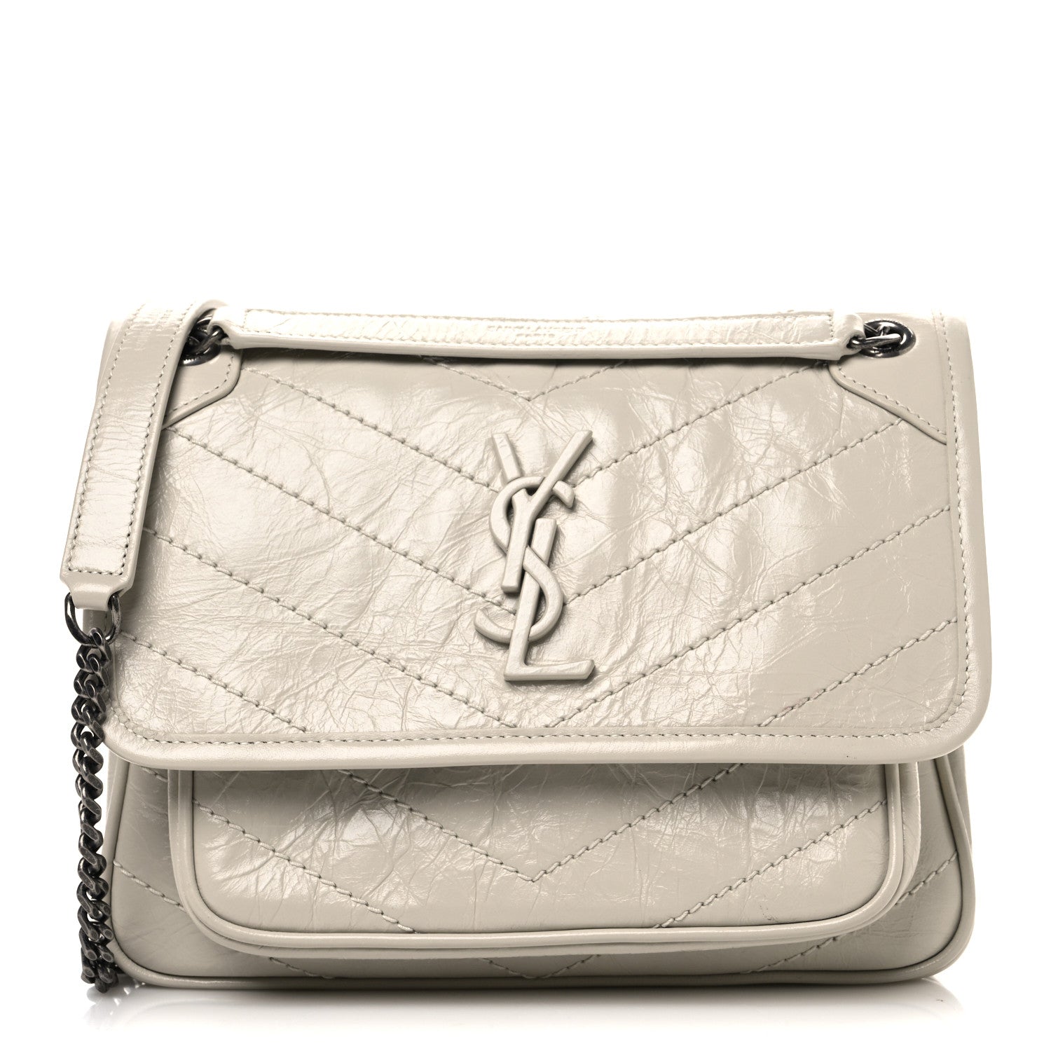 Saint Laurent Crinkled Calfskin Matelasse Monogram Baby Niki Chain Satchel Blanc Vintage 1 of 11