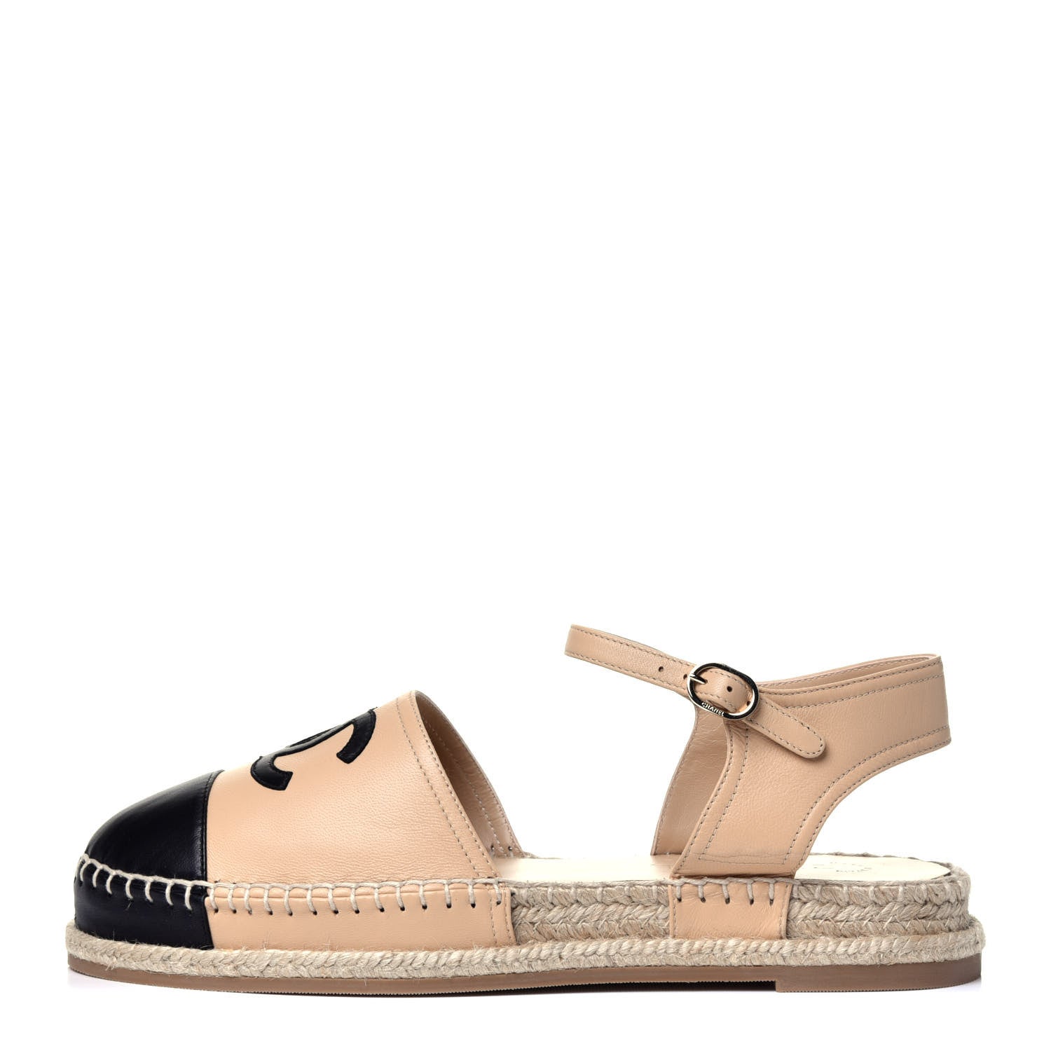 Chanel Lambskin Cap Toe CC Espadrille Sandals 40 Beige Black 1 of 10