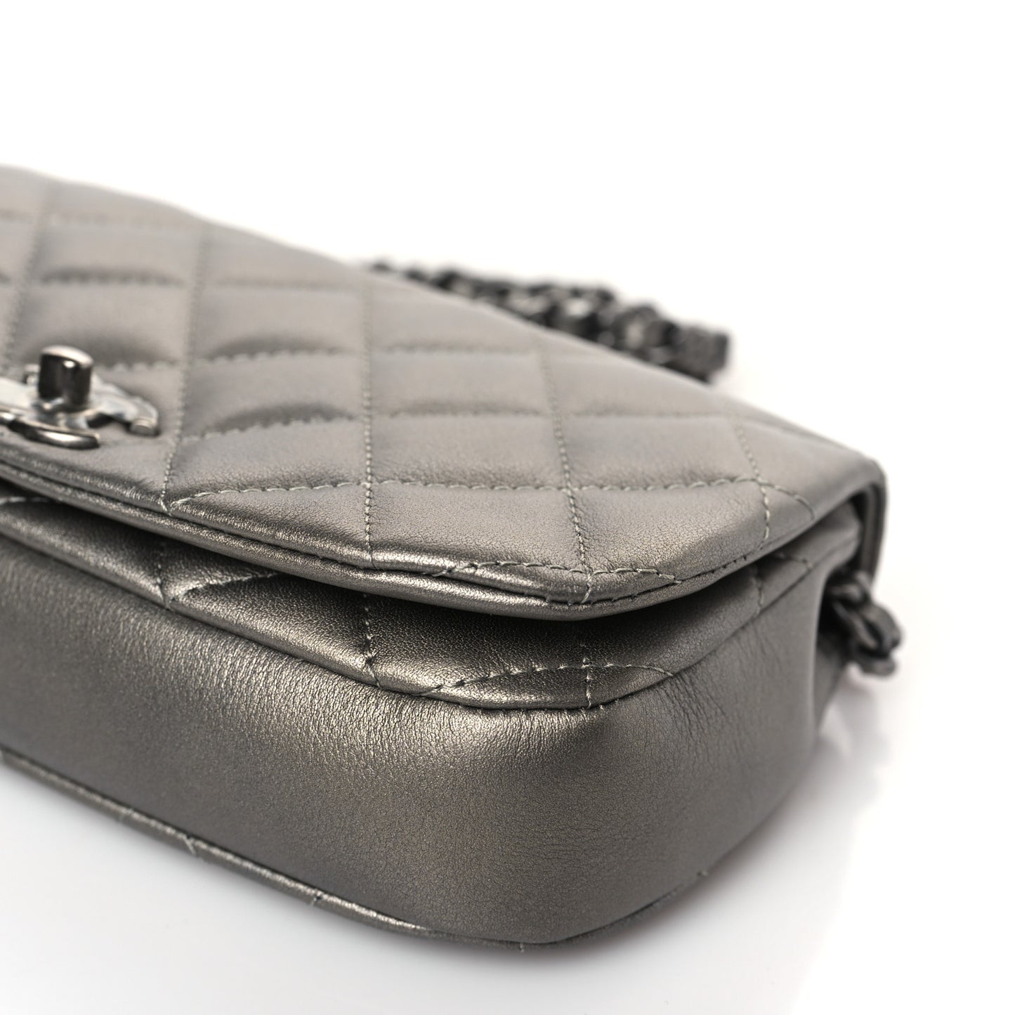 Metallic Calfskin Quilted Flap Clutch With Chain Ruthenium