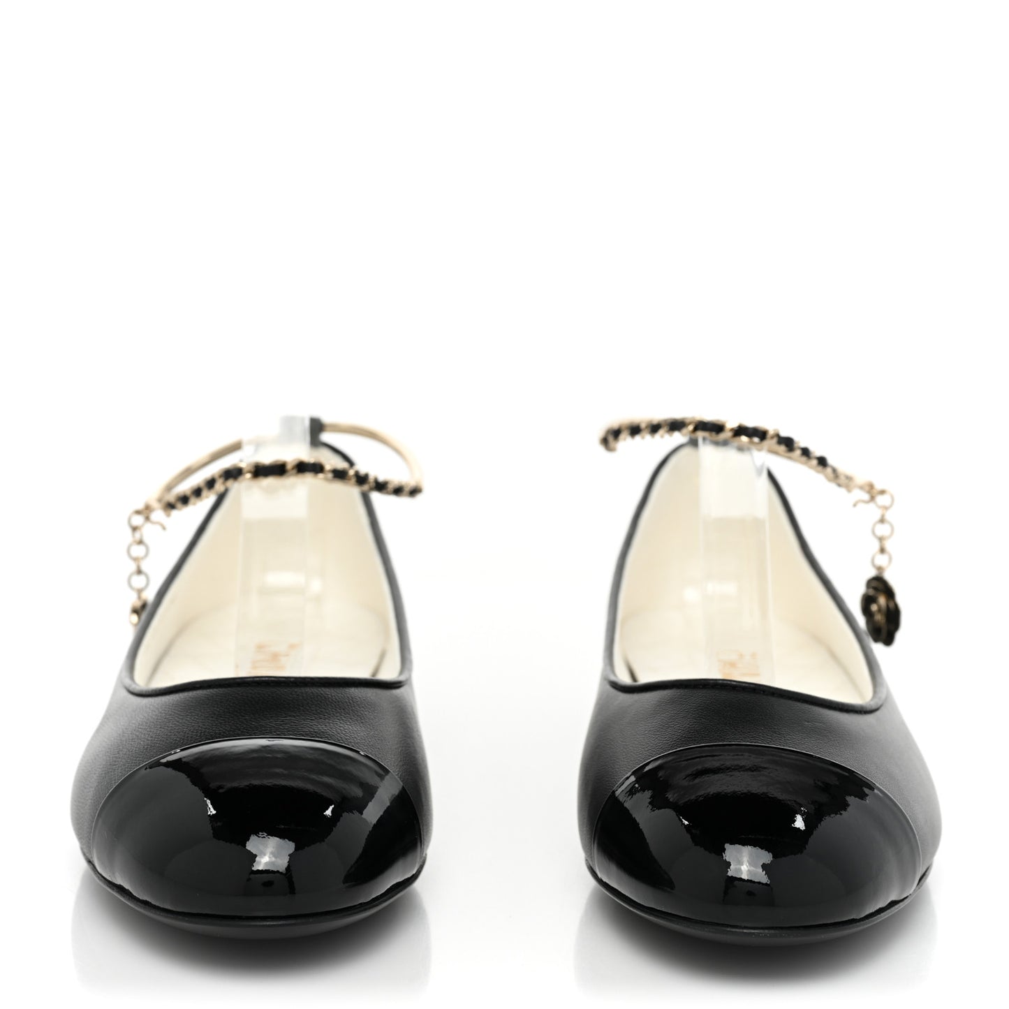 Lambskin Patent Calfskin Cap Toe Ankle Chain Ballerina Flats 37.5 Black