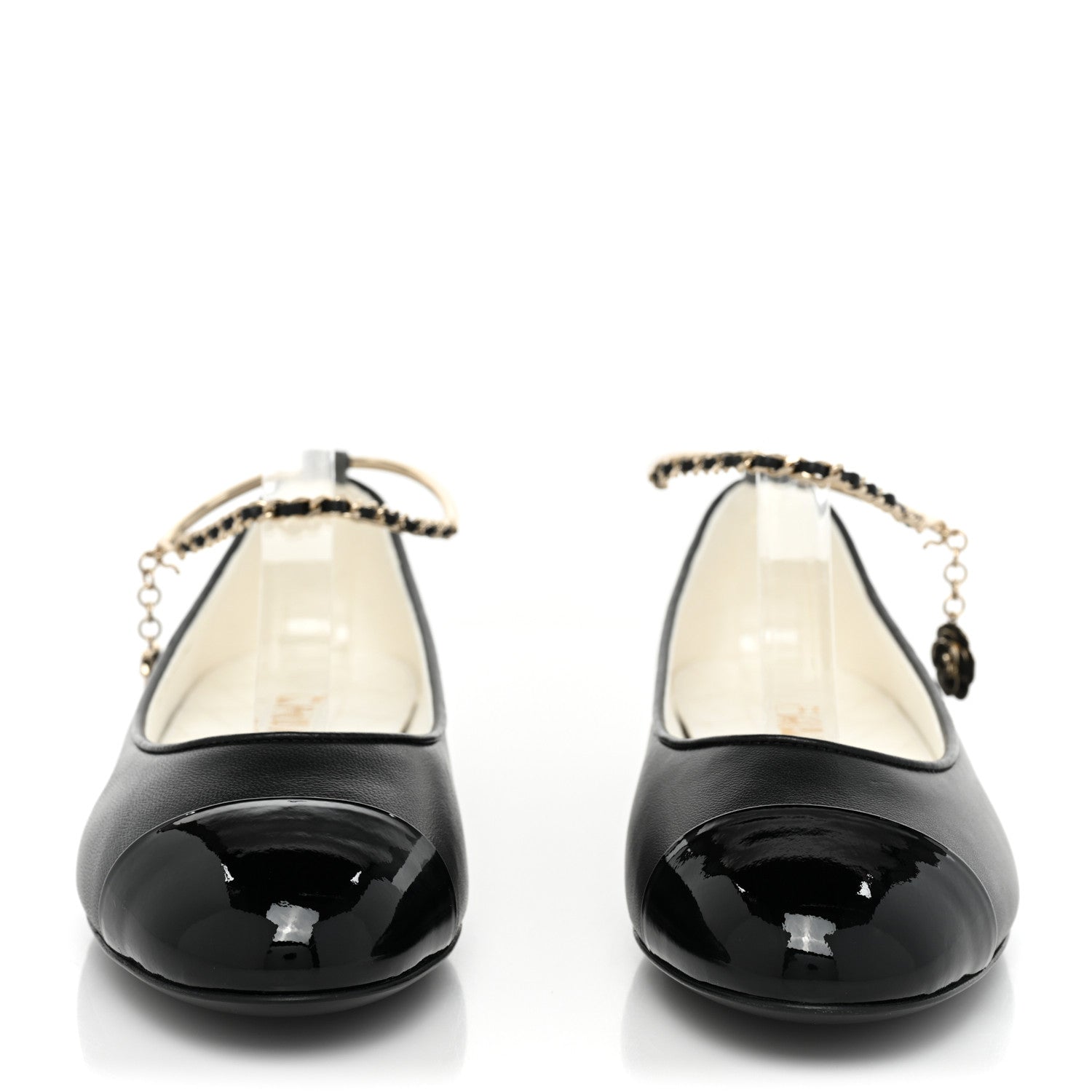 Chanel Lambskin Patent Calfskin Cap Toe Ankle Chain Ballerina Flats 37.5 Black 2 of 9