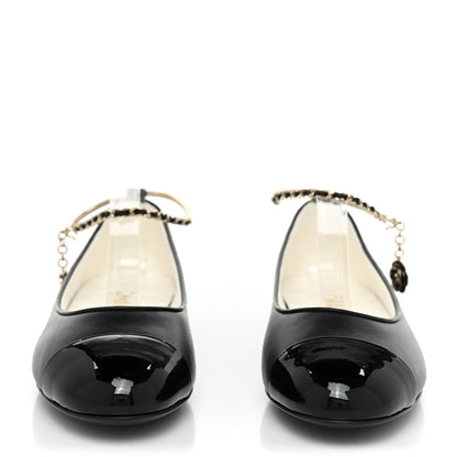 Chanel Lambskin Patent Calfskin Cap Toe Ankle Chain Ballerina Flats 37.5 Black 2 of 9