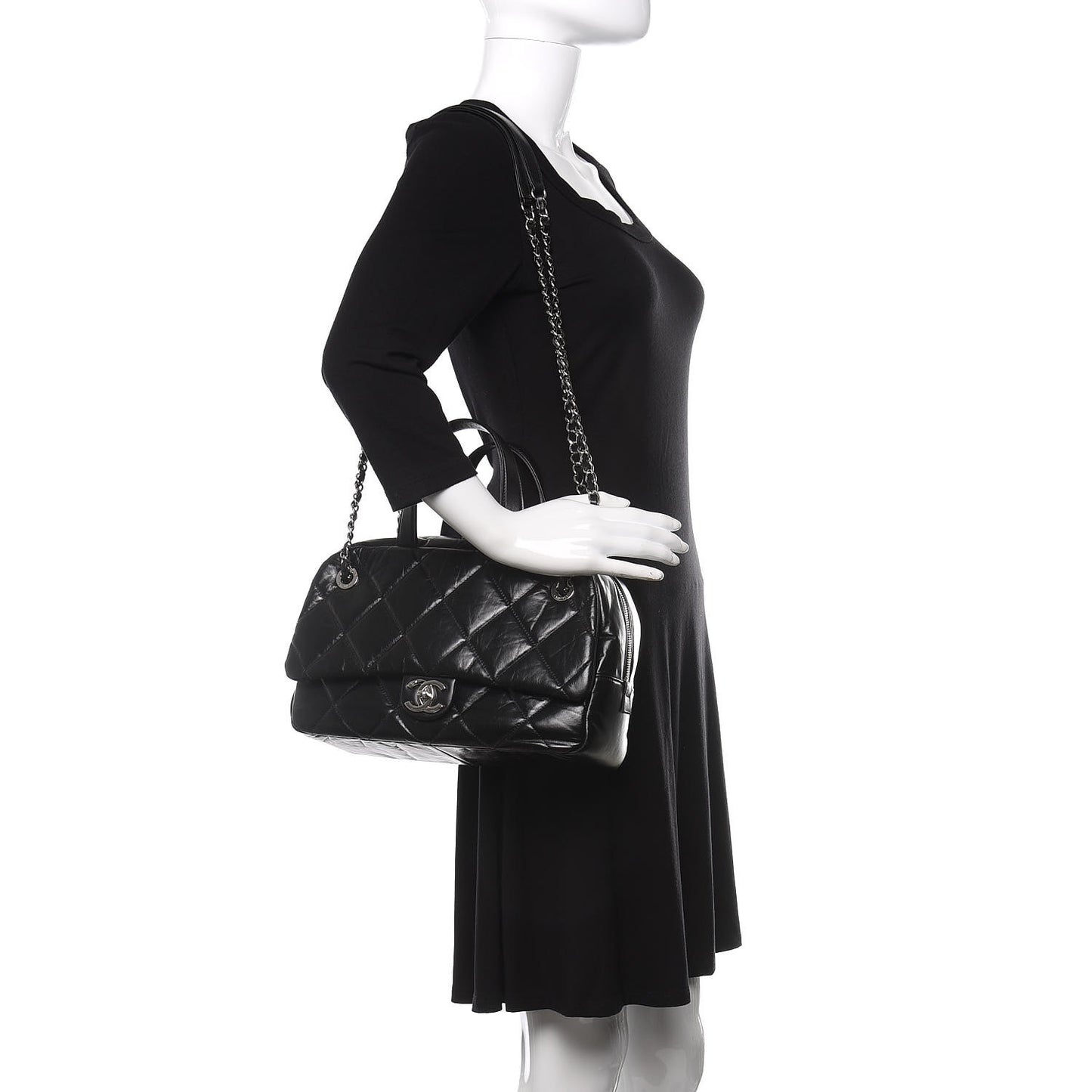 Aged Calfskin Quilted Small Express Bowling Bag Black