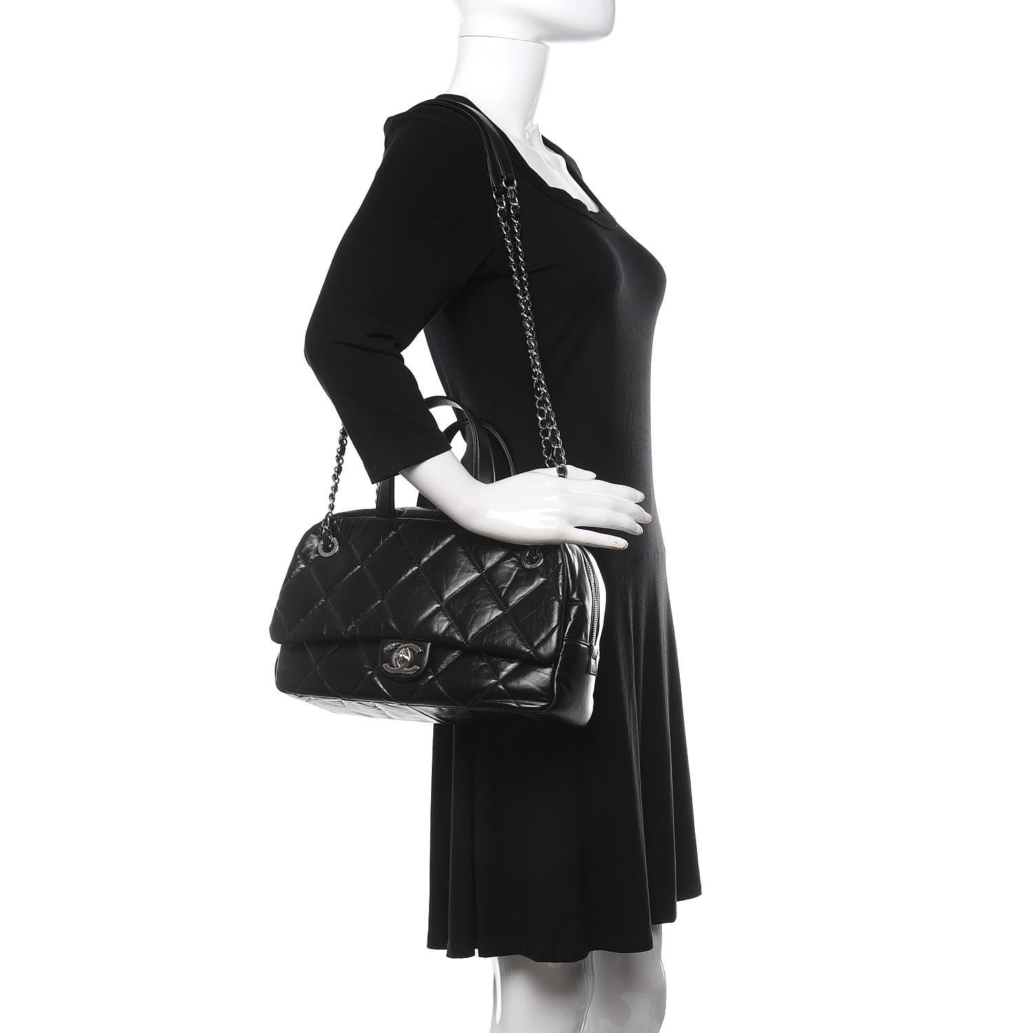Chanel Aged Calfskin Quilted Small Express Bowling Bag Black 2 of 9