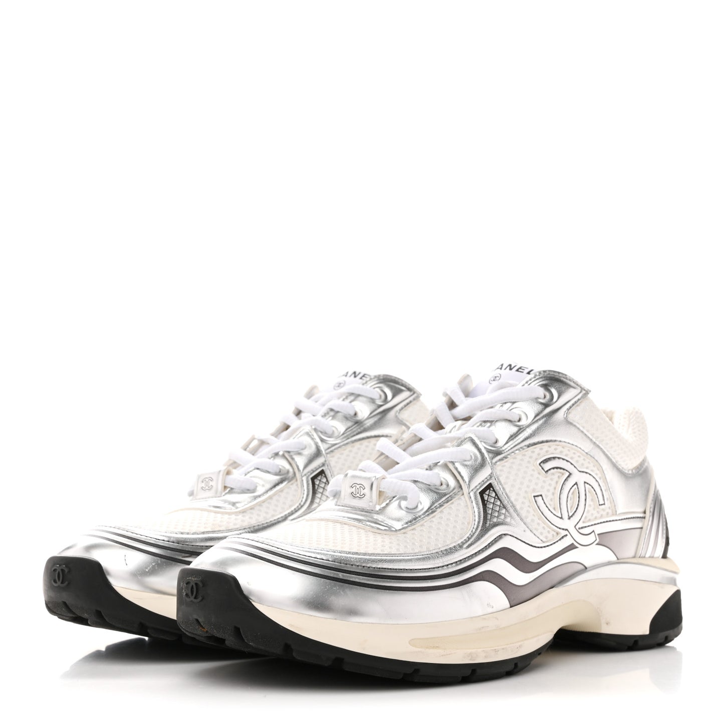 Fabric Laminated Calfskin Stretch CC Sneakers 41 White Silver