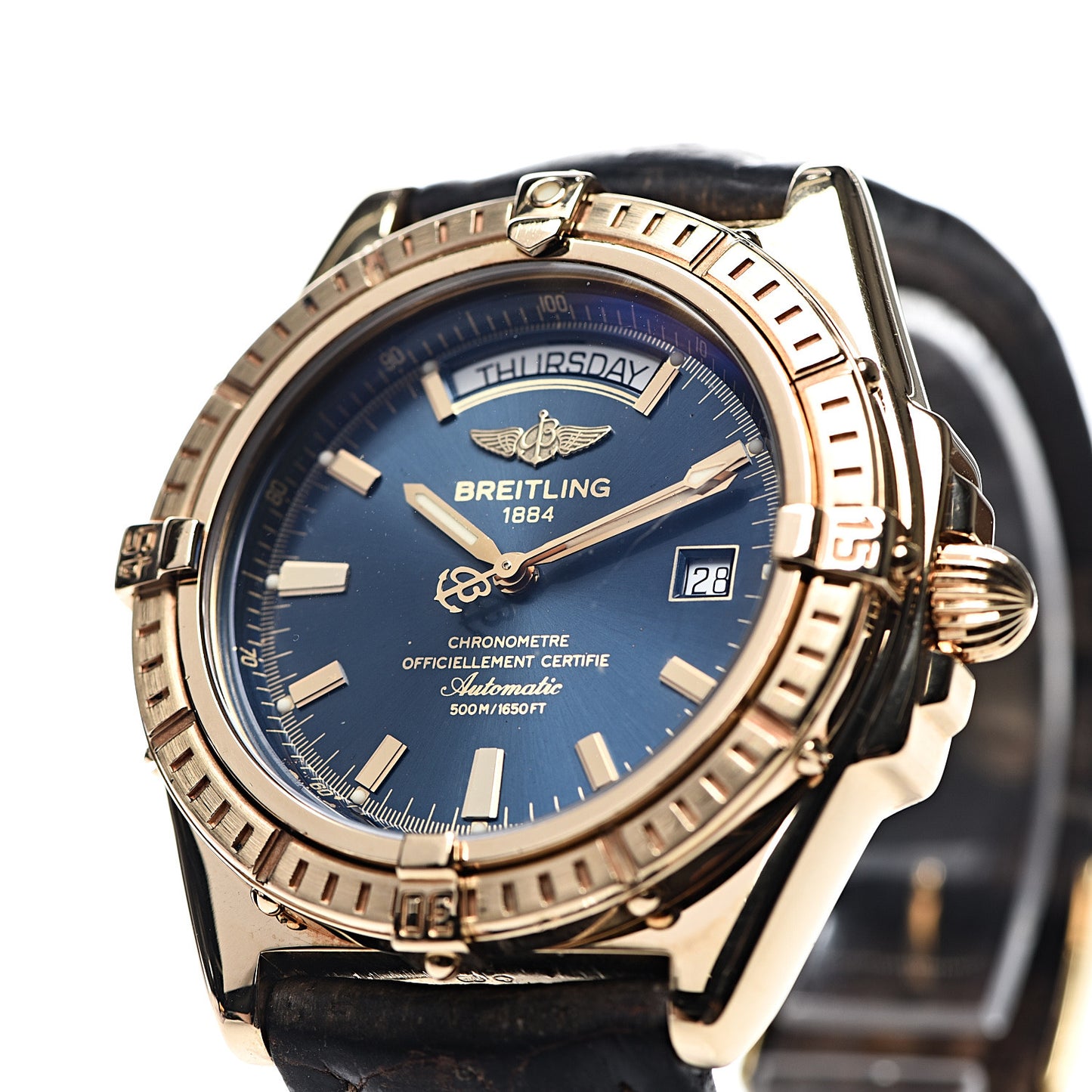 18K Yellow Gold Alligator 44mm Windrider Headwind Automatic Watch Blue K45355