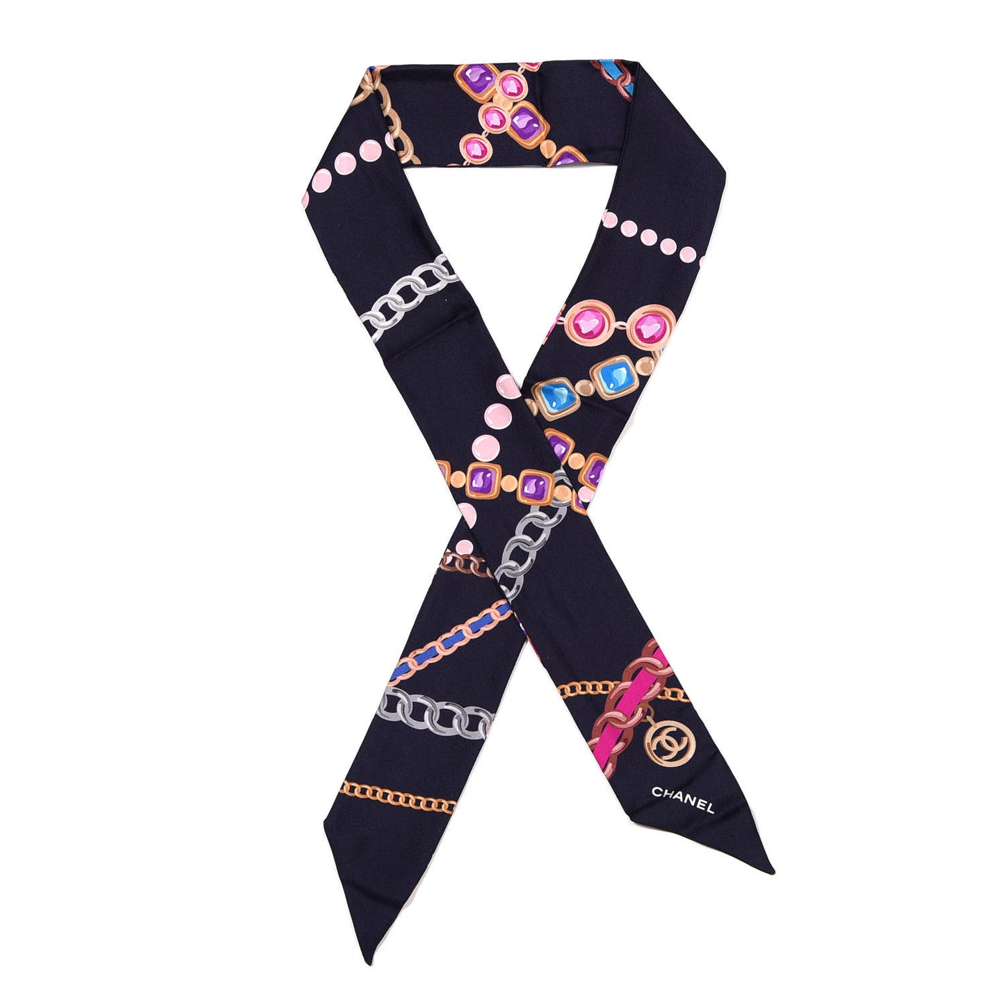 Silk Pearl CC Chain Slim Bandeau Scarf Navy Blue
