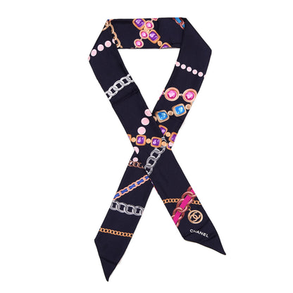 Chanel Silk Pearl CC Chain Slim Bandeau Scarf Navy Blue 1 of 4
