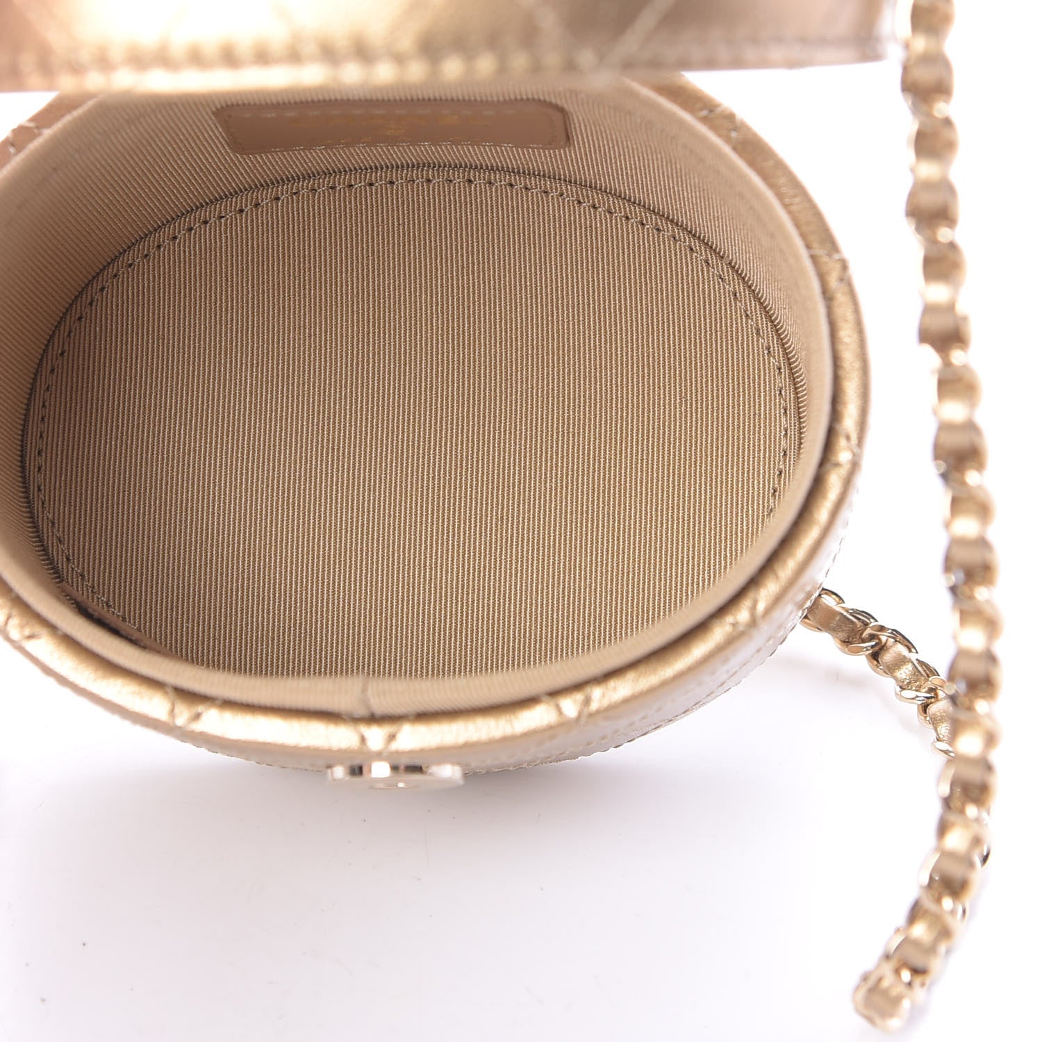 Chanel Metallic Lambskin Quilted Round Mini Vanity Case With Chain Gold 5 of 11