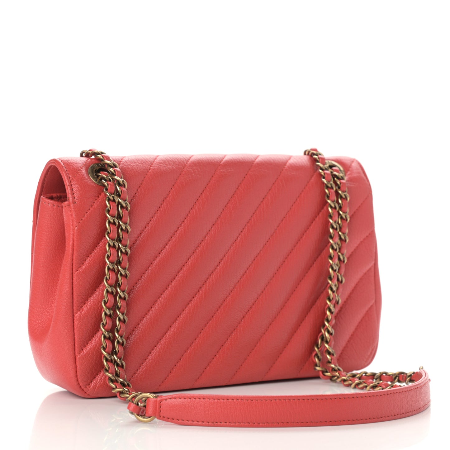 Shiny Goatskin Diagonal Quilted Small Flap Red