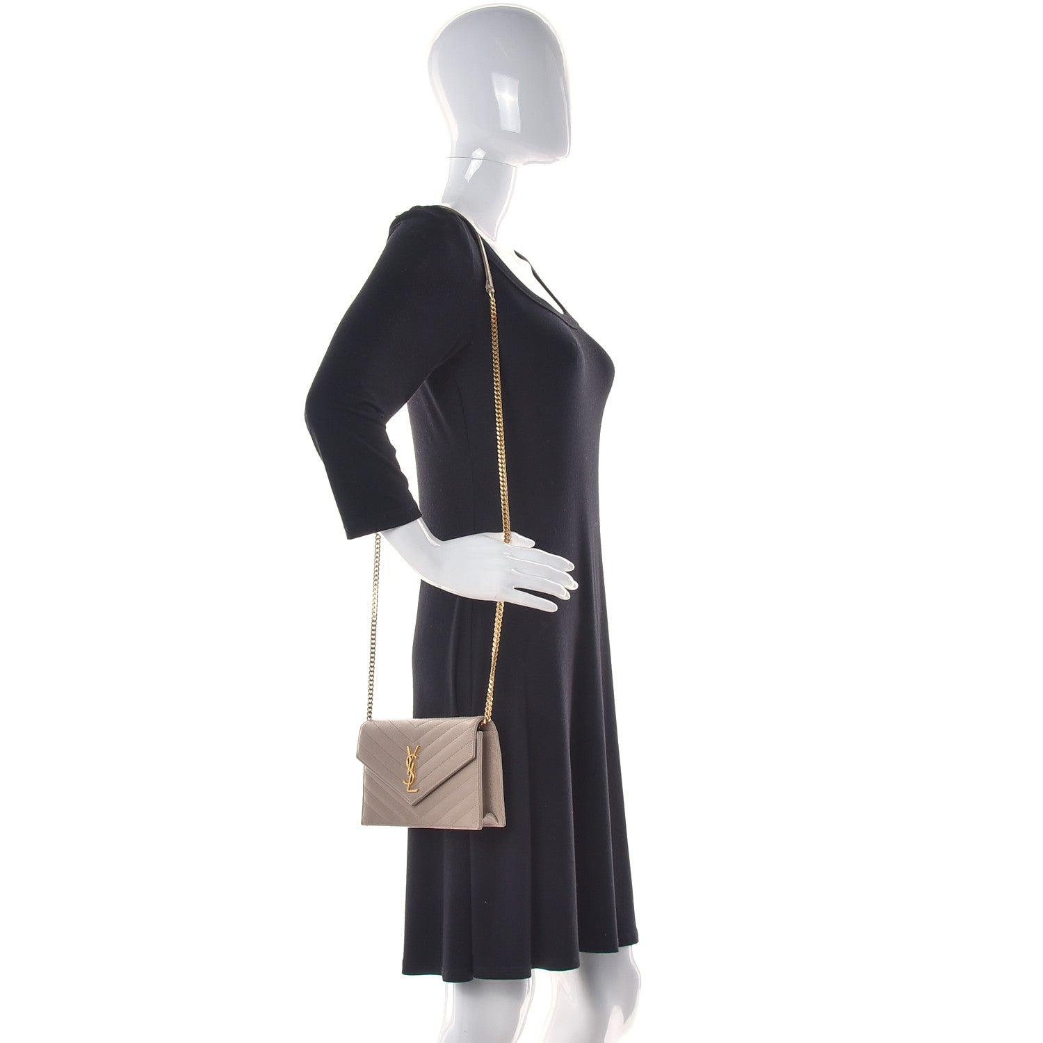 Saint Laurent Grain De Poudre Matelasse Chevron Monogram Envelope Chain Wallet Taupe 1 of 10
