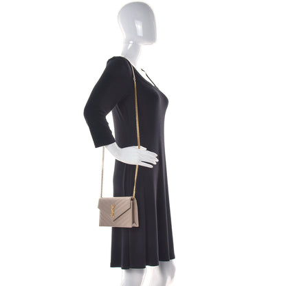 Saint Laurent Grain De Poudre Matelasse Chevron Monogram Envelope Chain Wallet Taupe 1 of 10