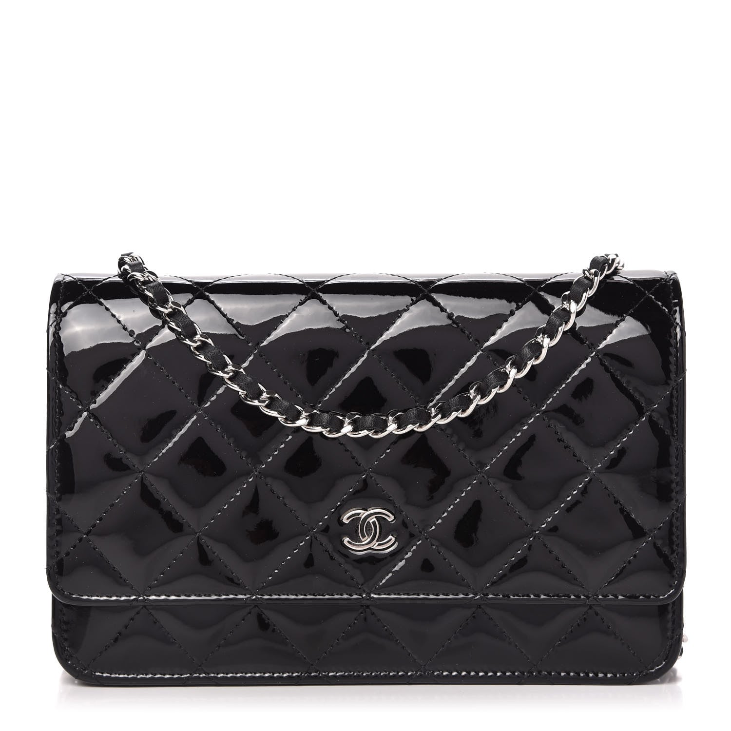 Chanel Patent Quilted Wallet On Chain WOC Black 1 of 12